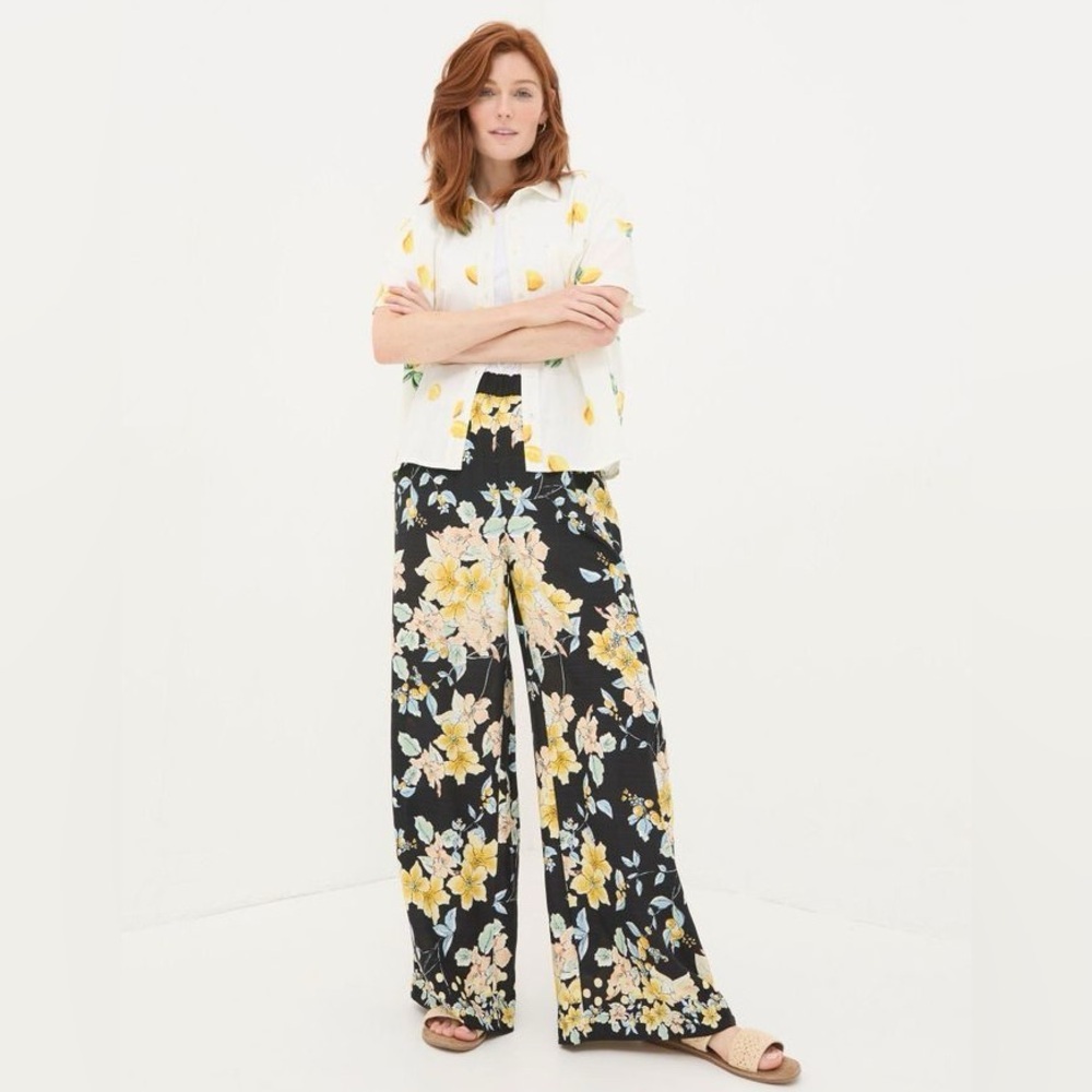 Fatface Jenna Citrus Floral Wide Leg Trousers‎ Black Yellow Peach Size 8 UK 12